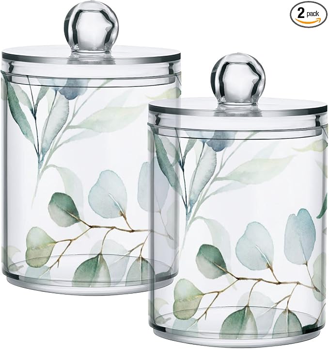 2 Pack Qtip Holder Dispenser for Cotton Ball Watercolor Green Eucalyptus Leaves by ALAZA