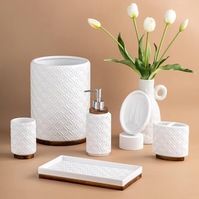 Bathroom Accessories Set 6 Pcs Ceramic Wooden Bathroom Set - Image 3
