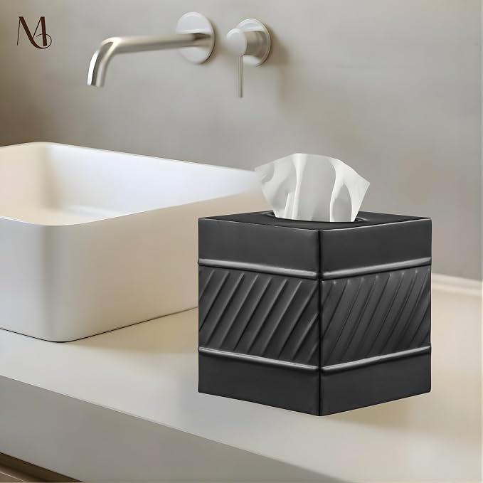 Monarch Abode Tissue Box Cover Square – Handcrafted Wave Embossed Black Metal - Image 3