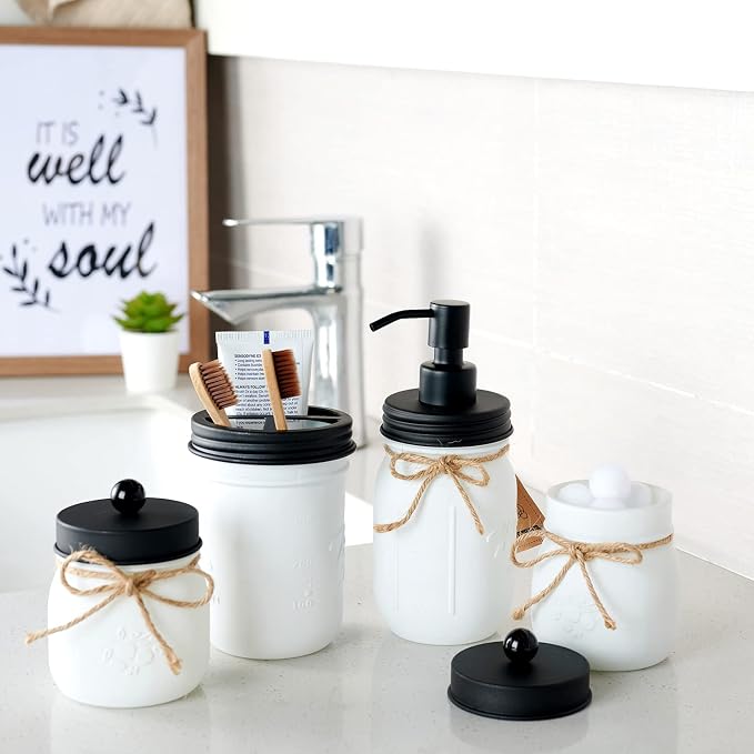 Amolliar Mason Jar Bathroom Accessories Set—White Retro Lotion Soap Dispenser & - Image 2