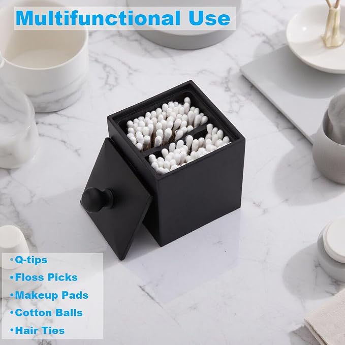 Cotton Swab Holder with Lid, Square Qtip Holder Bathroom Black, 2 Slot Resin - Image 2