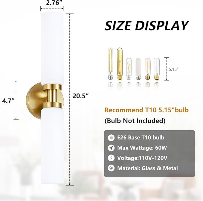 2 Light Brushed Brass Gold Bathroom Light Fixture Over Mirror, Modern Farmhouse - Image 4