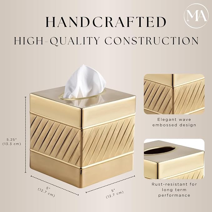 Monarch Abode Tissue Box Cover Square – Handcrafted Wave Embossed Brushed Gold - Image 2