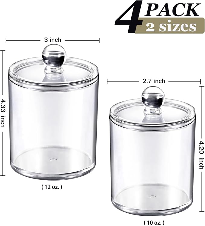 SheeChung 4-Pack Clear Acrylic Apothecary Jars - 12oz & 10oz Qtip Holder Set - - Image 4