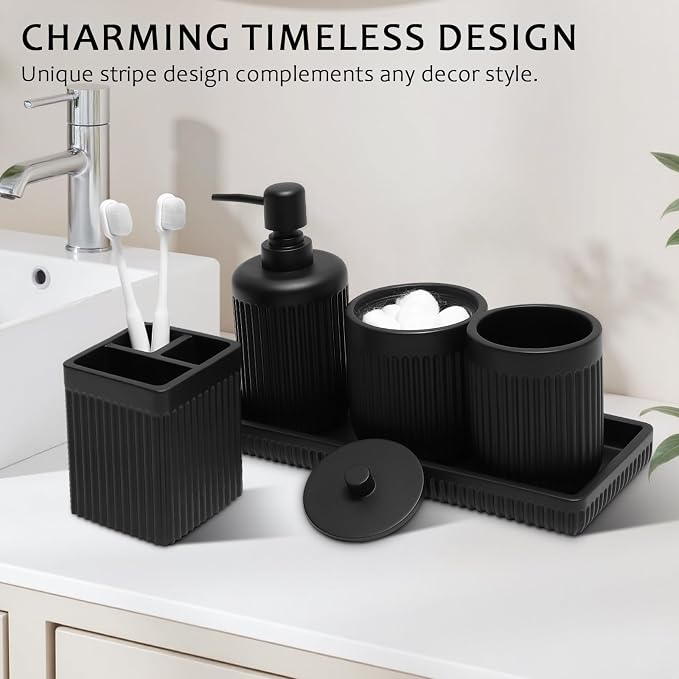 Matte Black Bathroom Sets with Shower Curtain and Rugs, 8-Piece Resin Bathroom - Image 8