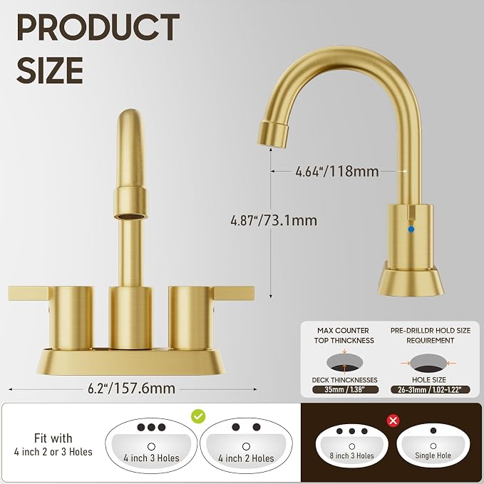 Brushed Gold 4 Inch 2 Handle Centerset Lead-Free Bathroom Faucet, Swivel Spout - Image 7