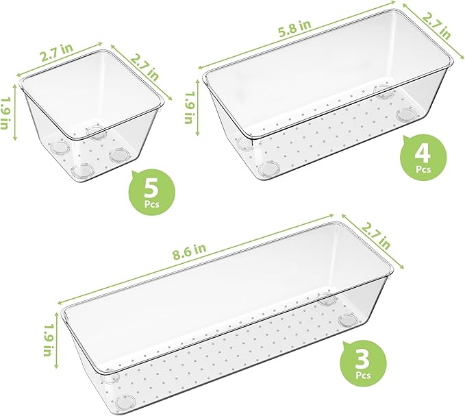 12 Piece Clear Drawer Organizer Set, 3 Sizes Bathroom Vanity Organizer Trays - Image 4