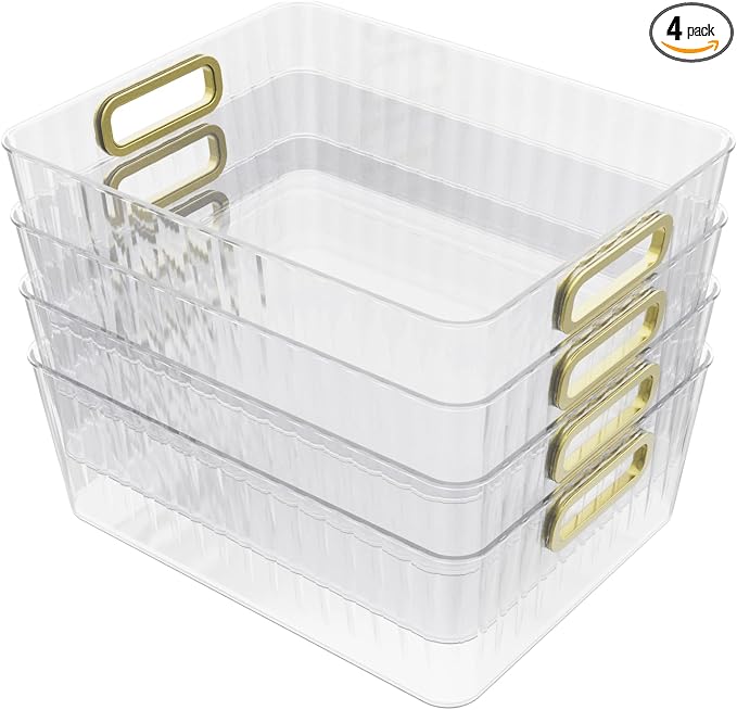 4 Packs Clear Plastic Storage Bins, Shelf and Fridge Organizer Basket Bin by Esdiplot