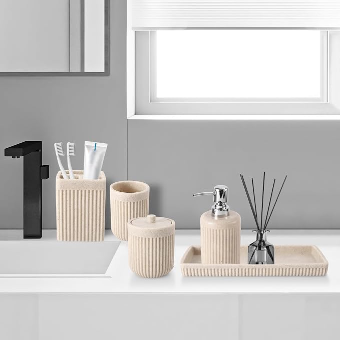 Resin Beige Bathroom Accessories Set 5 Pcs, Lotion Soap Dispenser, Toothbrush - Image 9