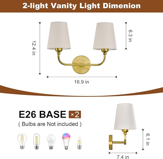 Bathroom Vanity Light, Brushed Gold Bathroom Light Fixtures, 2-Light Lighting - Image 3