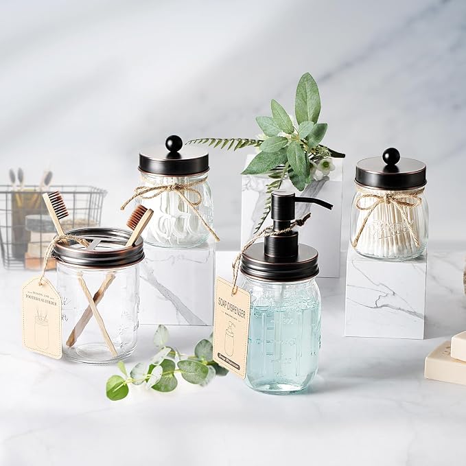 Amolliar Mason Jar Bathroom Accessories Set 4 Pcs -Lotion Soap Dispenser & 2 - Image 6