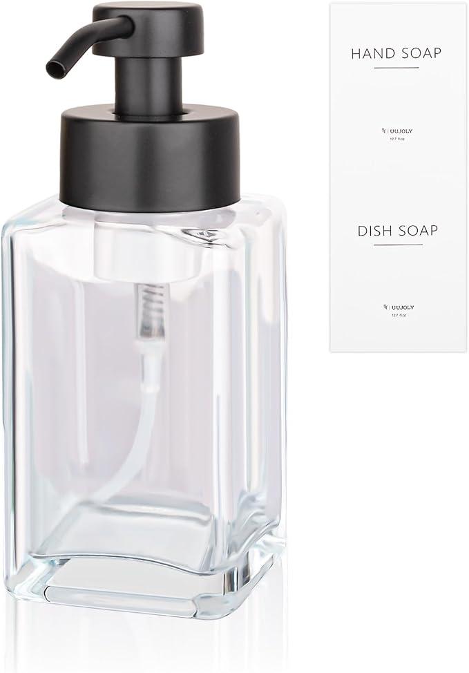 Foaming Soap Dispenser with Stainless Steel Pump, 12oz Refillable Glass Liquid by UUJOLY