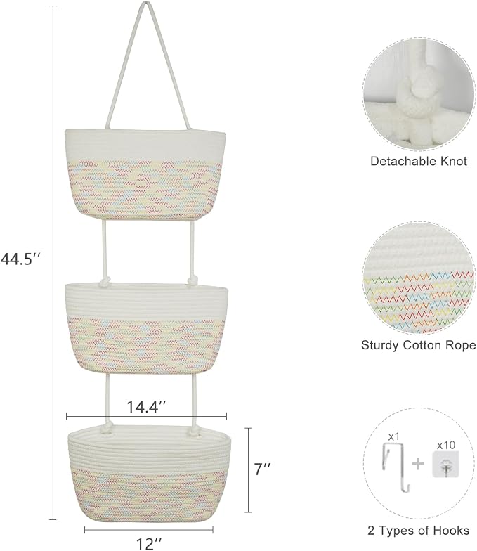 TeoKJ 3-Tier Woven Cotton Wall-Mounted Hanging Storage Baskets, Over the Door - Image 2