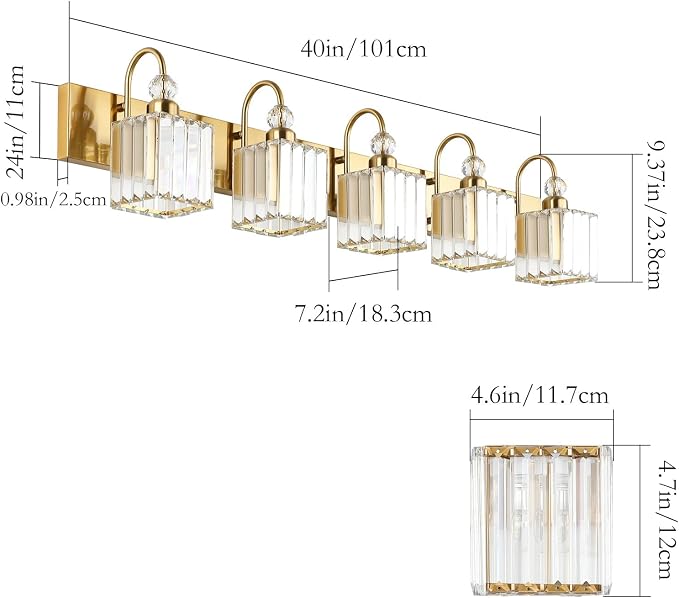 Ralbay Gold Crystal 5-Light Bathroom Vanity Lights Over Mirror Modern Crystal - Image 4