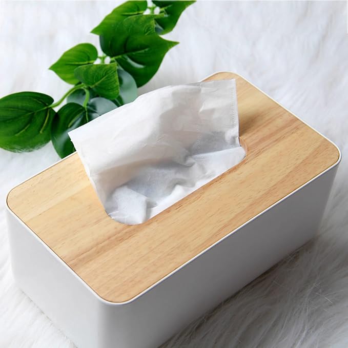 Tissue Box with Bamboo Cover, Plastic Tissue Organizer, Bathroom Tissue - Image 3