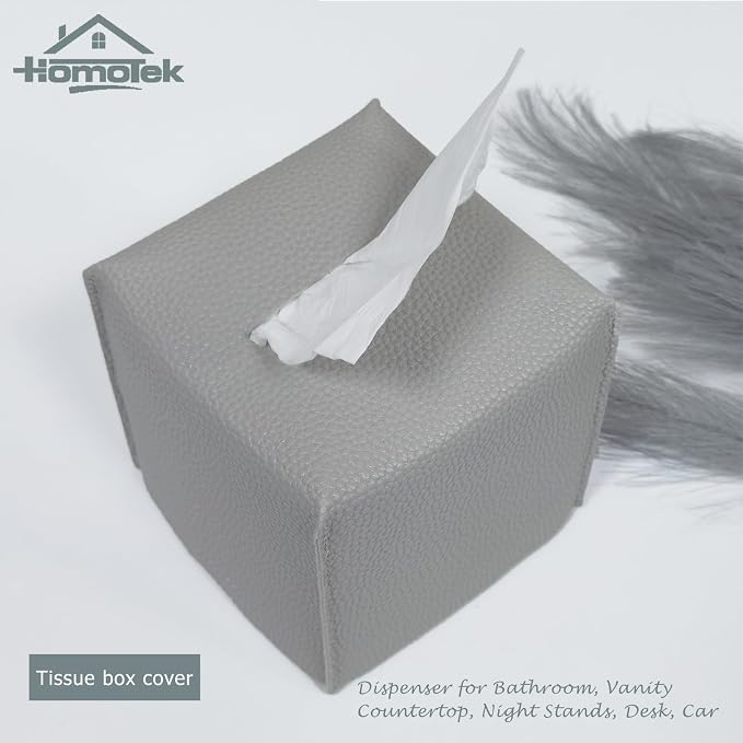 HOMOTEK 2 Pack Tissue Box Cover, Square PU Leather Tissue Holder, Decorative - Image 3