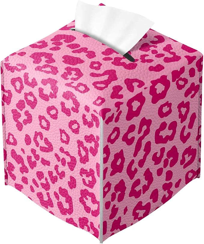 Leopard Print Tissue Box Cover Cute Animal Pink Square PU Leather Waterproof by Unknown