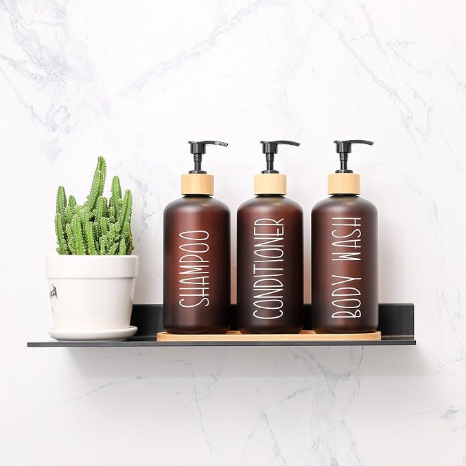 MOMEEMO Amber Shower Dispenser Set, Contains 3 Extra-Thick PET Plastic Bottles - Image 2