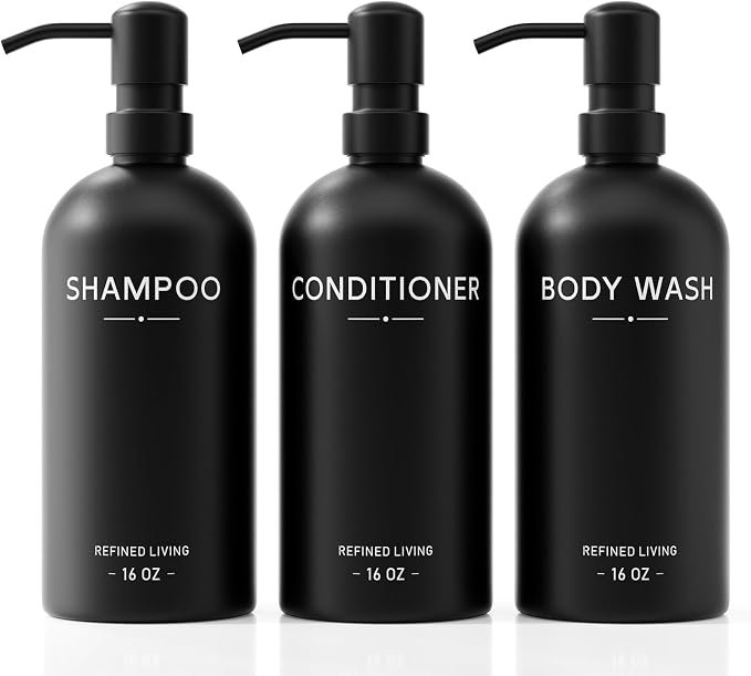 Shampoo and Conditioner Dispenser Set, 3 Refillable 16oz Bottles by Aeakey