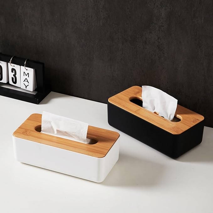 Tissue Box with Bamboo Cover, Plastic Tissue Organizer, Bathroom Tissue - Image 9