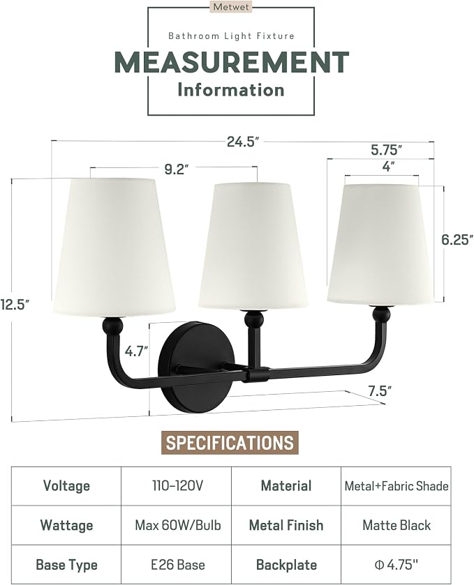 Bathroom Light Fixtures, 3-Light Matte Black Vanity Lights - Image 2