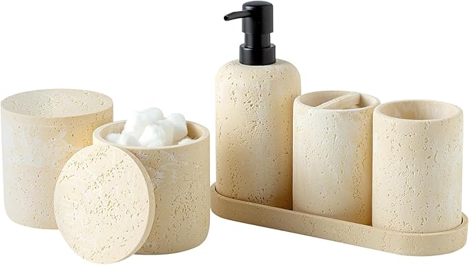 Bathroom Accessories Set, Travertine Stone-Look, Toothbrush Holder, Vanity Tray by AdornMyHomeEnjoyMyLife