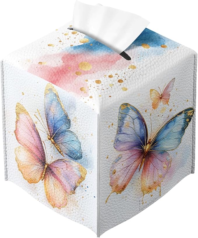 Butterfly Tissue Box Cover Metallic Gold Accents Blue Orange Wing Art Square PU by Unknown
