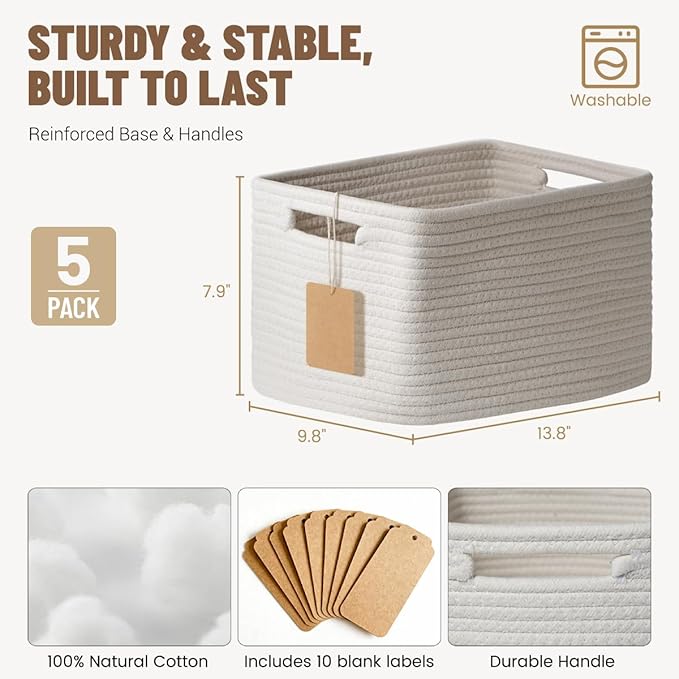 5 Pack White Woven Storage Baskets - Image 4