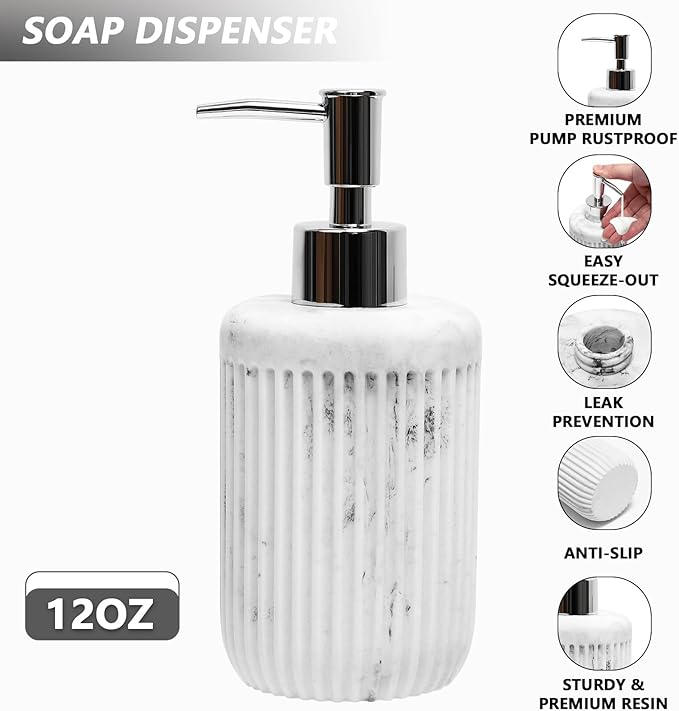 Resin White Marble Bathroom Accessories Set 5 Pcs, Lotion Soap Dispenser - Image 3