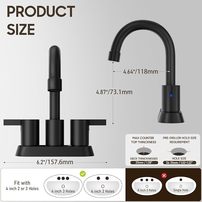 Phiestina 4 Inch 2 Handle Centerset Matte Black Lead-Free Modern Bathroom Faucet - Image 7