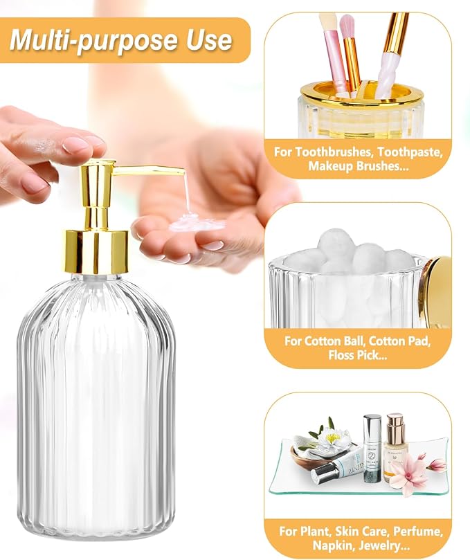 Gold Bathroom Accessories Set, Toothbrush Holder, Apothecary Jar, Vanity Tray - Image 2
