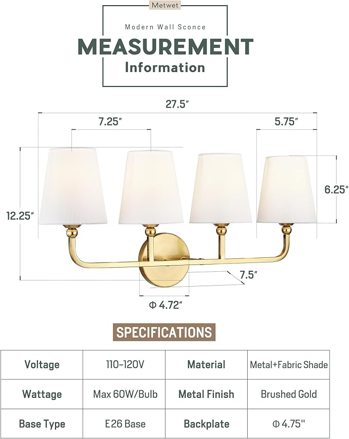 Bathroom Light Fixtures, 4 Light Brushed Gold Vanity Lights - Image 3