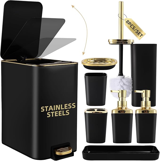 Black Bathroom Accessories 8 Piece Black and Gold Bathroom Set, Bathroom by BetterbathroomwithXLHOME