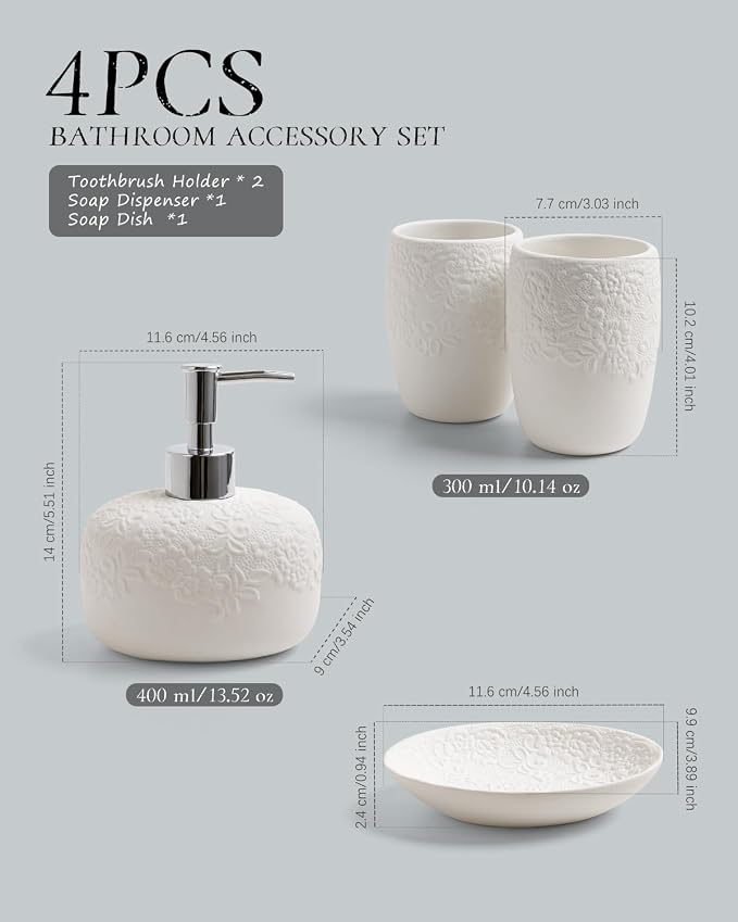 Bathroom Accessories Set with Embossed Design 4PCS, Ceramic White Bathroom - Image 2