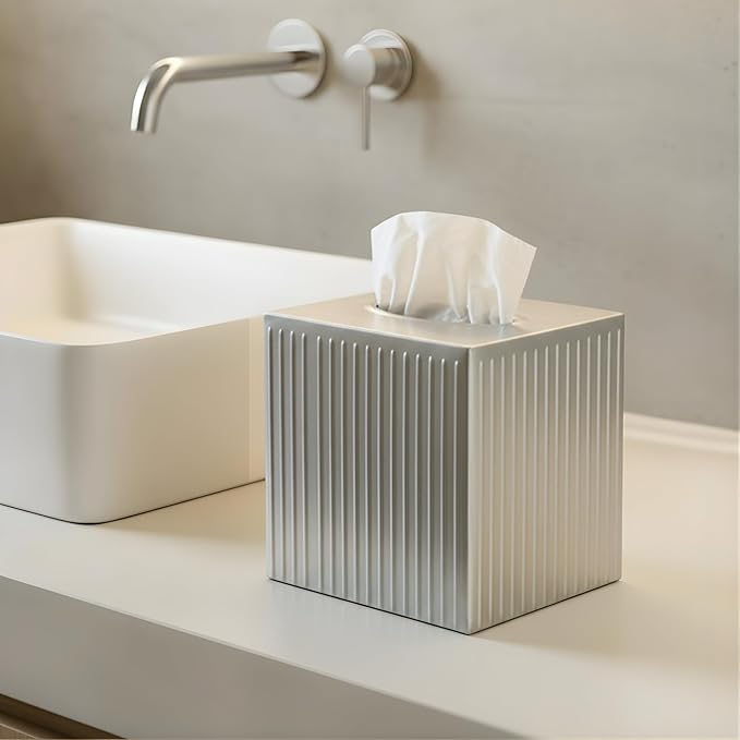 Monarch Abode Tissue Box Cover Square – Handcrafted Ridge Embossed Pewter Metal - Image 3