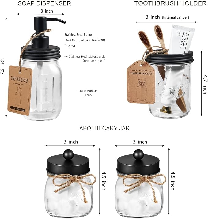 Amolliar Mason Jar Bathroom Accessories Set 4 Pcs -Lotion Soap Dispenser & 2 - Image 5