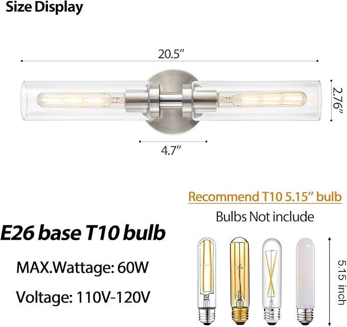 2-Light Brushed Nickel Bathroom Light Fixtures Over Mirror Modern Vanity Light - Image 3