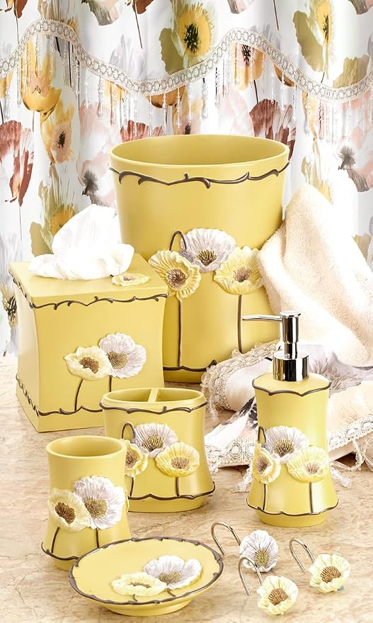 Zahari Home 4pc Poppy Fields Yellow Bathroom Accessories Set Hand Soap Dispenser - Image 7