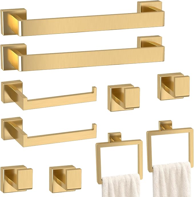 Bathroom Accessory Towel Bar Set: 10 Pieces Gold Bathroom Hardware Square by PAHSFSLLC
