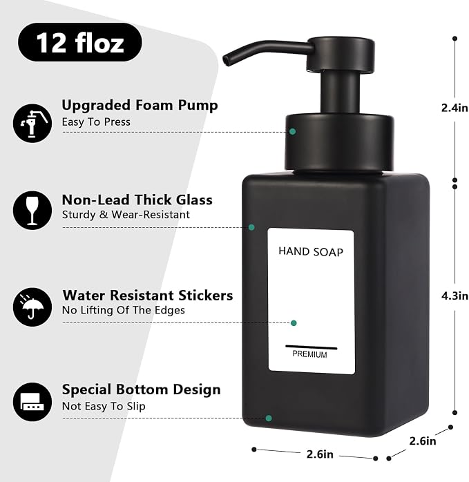 Black Foaming Hand Soap Dispenser 2 Pack, 12oz/350ml Glass Foaming Soap - Image 2
