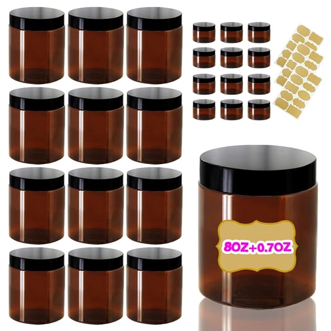 8oz Amber Plastic Jars with Lids 8 oz Plastic Containers with Lids + 20g Sample by AMORIX