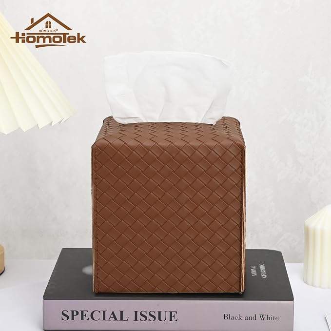 HOMOTEK 2 Pack Tissue Box Cover, Square PU Leather Tissue Holder, Decorative - Image 6