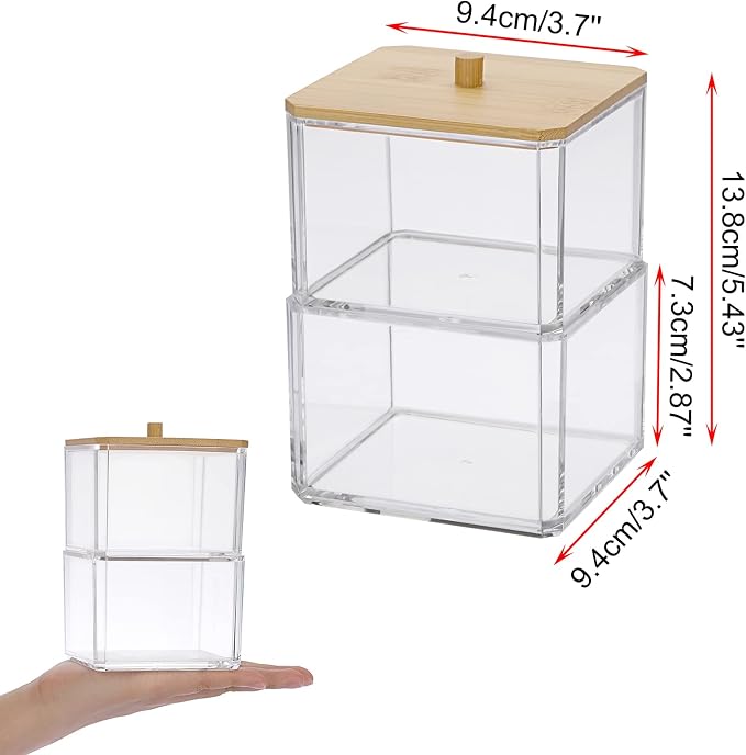 Hipiwe Clear Q-tip Dispenser Holder Acrylic Bathroom Containers 2-Tier Square - Image 2