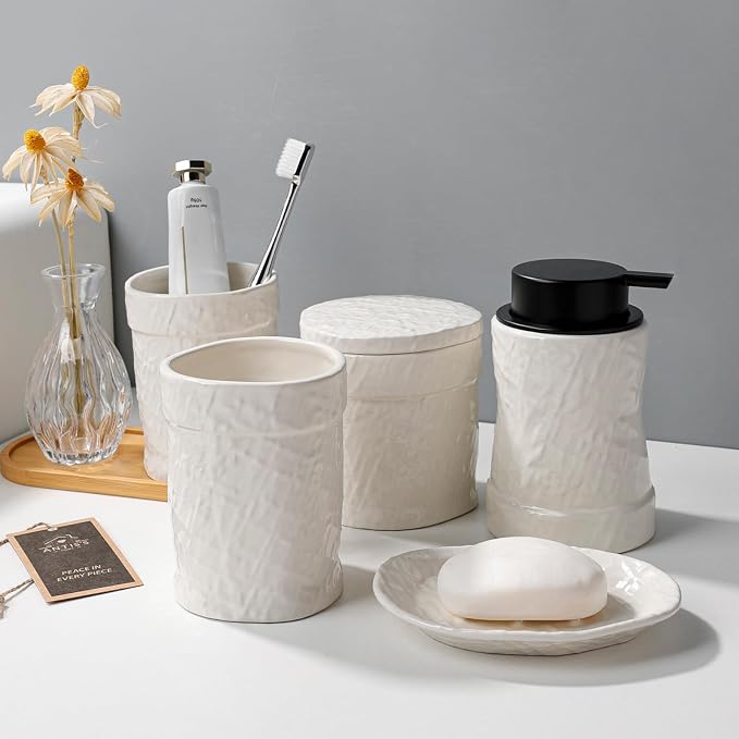 White Bathroom Accessory Set 5PCS, Ceramic Bathroom Accessories Set, Minimalist - Image 7