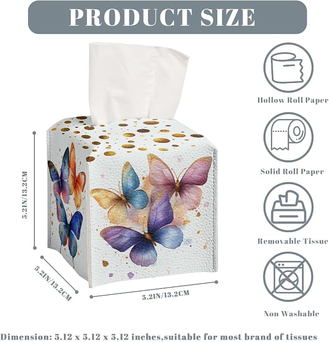 Butterfly Tissue Box Cover Metallic Gold Accents Blue Orange Art Leather Tissue - Image 3