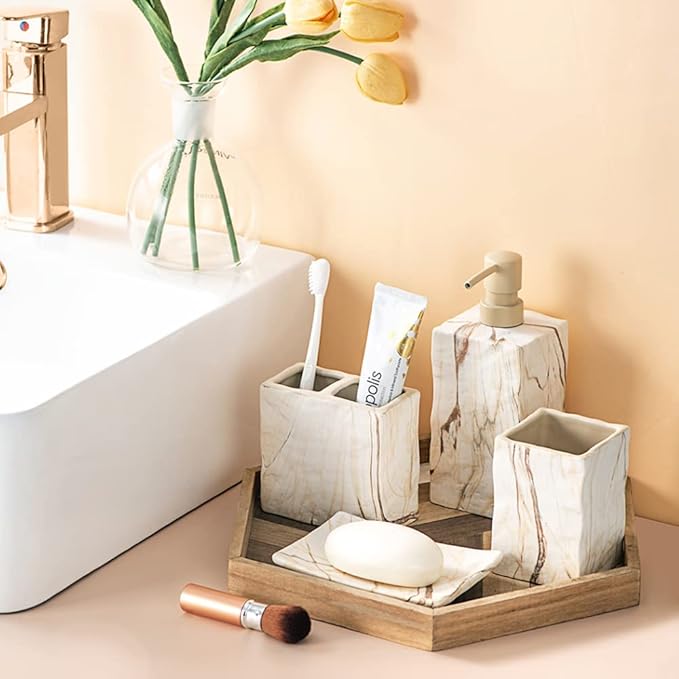 Bathroom Accessories Set 4 Pieces Toothbrush Holder Soap Dispenser Ceramic - Image 2
