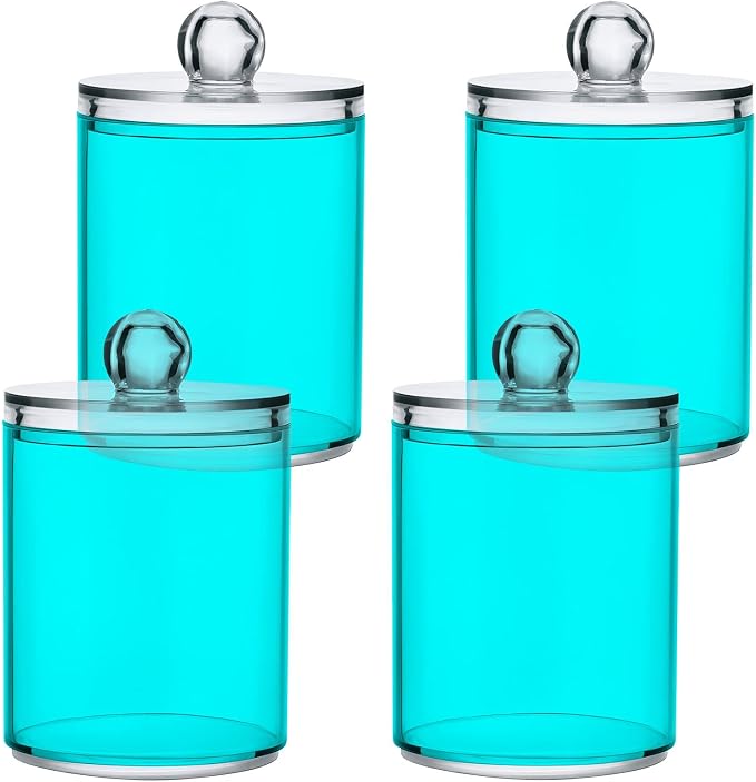 Teal Green Qtip Holder Organizer Dispenser Cotton Swabs Cans Plastic Jars - Image 2