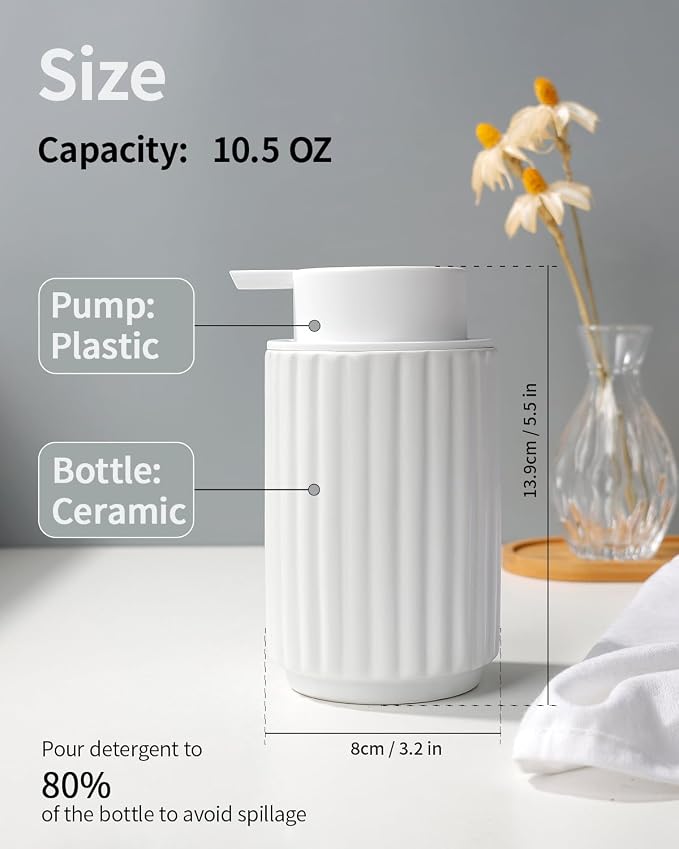 Soap Dispenser, Liquid White Ceramic Refillable Hand Soap Pump - Image 2