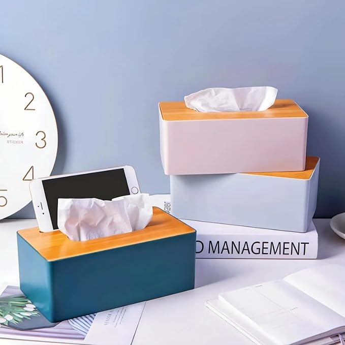 Tissue Box with Bamboo Cover, Plastic Kleenex Organizer, Bathroom Tissue - Image 5