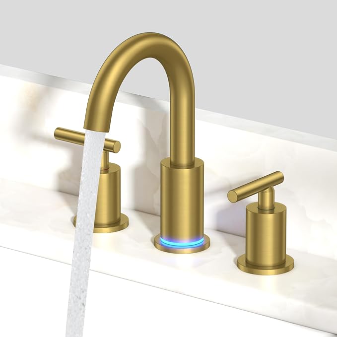FORIOUS LED Bathroom Faucet Gold, 3 Hole Bathroom Faucet Brushed Gold Widespread by FORIOUS
